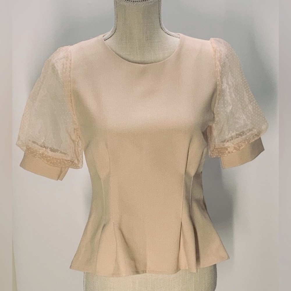 Oppane Peplum Top with Flocked Organza Puff Sleeves
